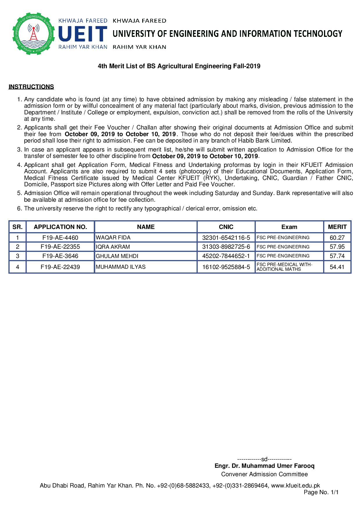 4th Merit List of BS Agricultural Engineering Fall-2019-page-001