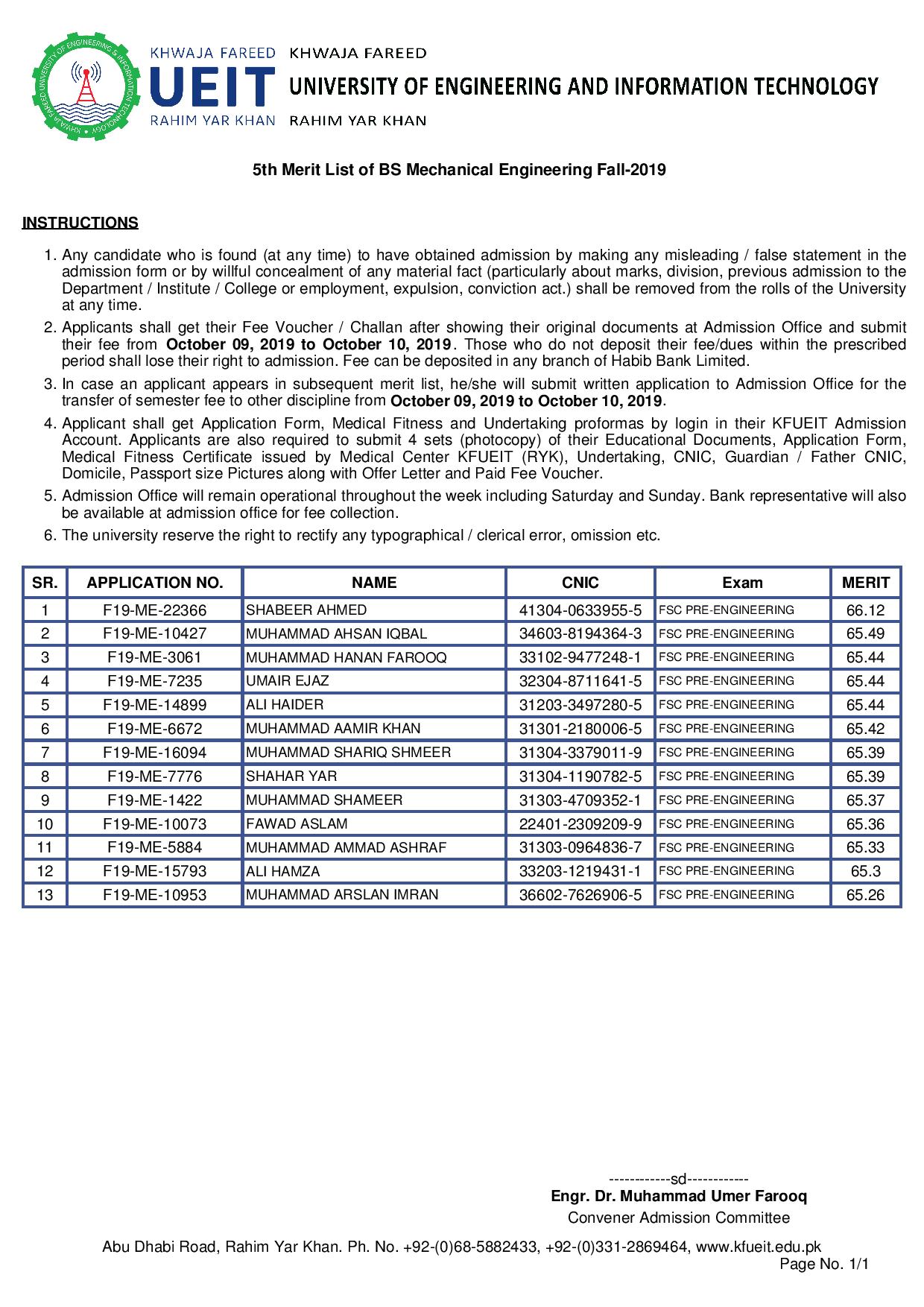 5th Merit List of BS Mechanical Engineering Fall-2019-page-001