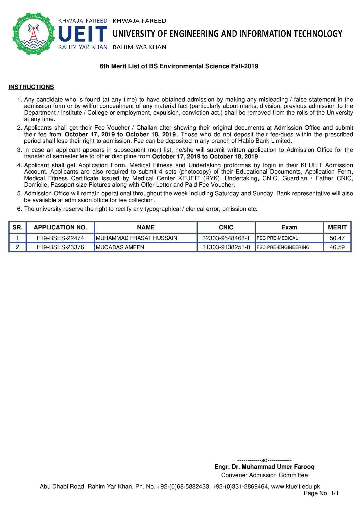 6th Merit List of BS Environmental Science Fall-2019-page-001