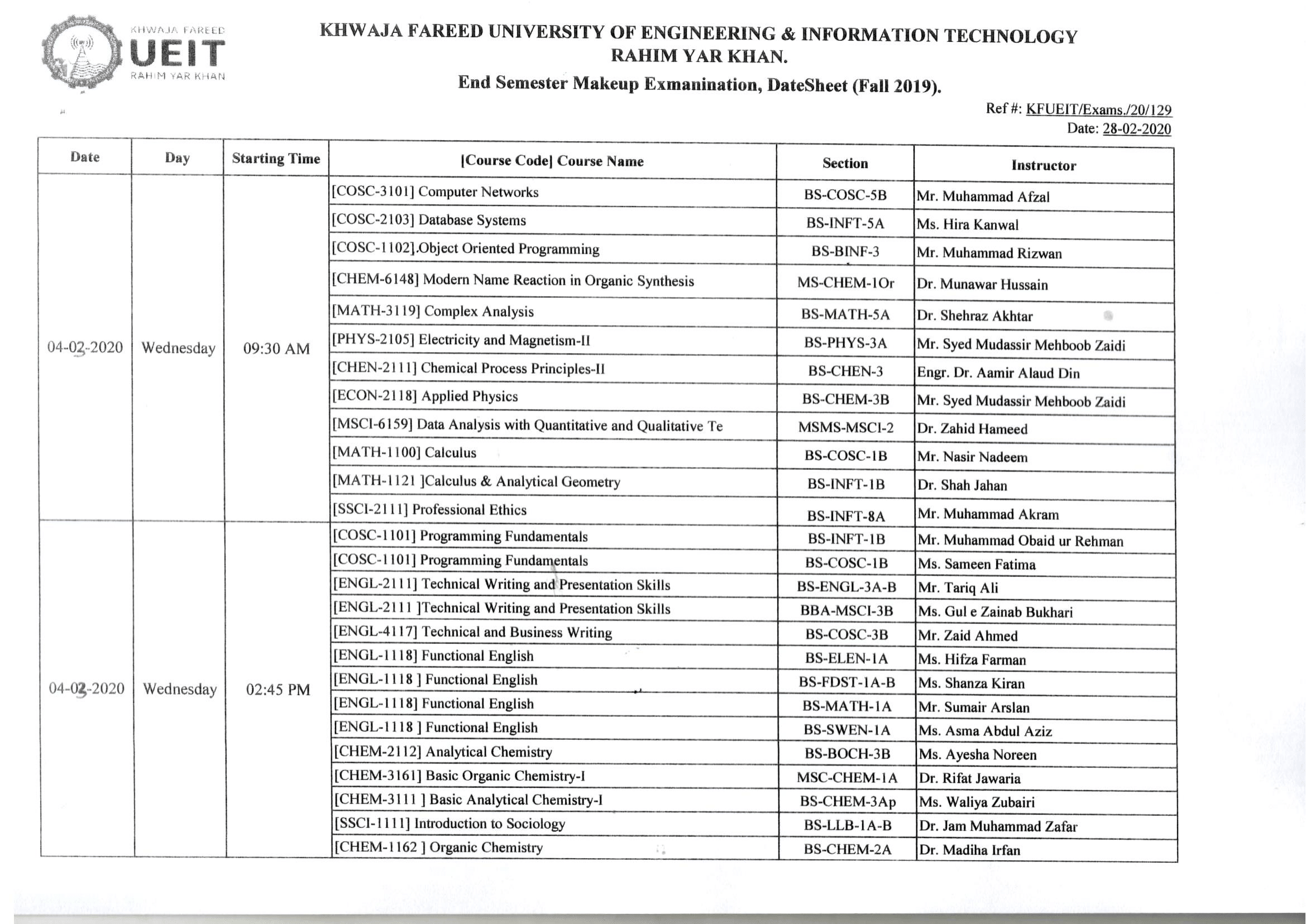 Makeup exam Datesheet Fall 2019 final Smester (1)-1