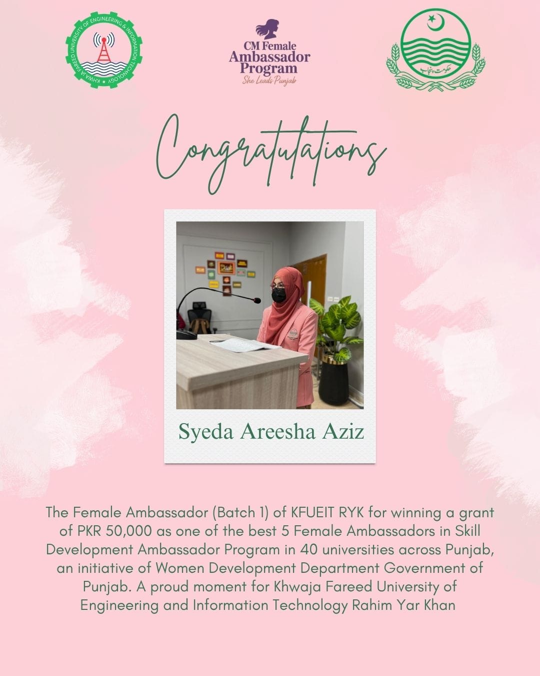 Huge Congratulations to the winner of Female Ambassador Program Women Development Department Government of Punjab